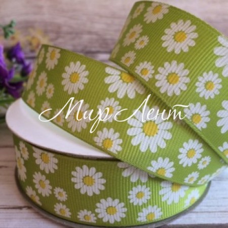 Репс 2,5 см, ромашка, оливковый, рулон 23 м