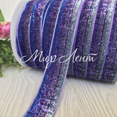 Лента велюр омбре с люрексом, 2,5 см, ярко-синий, рулон 45 м