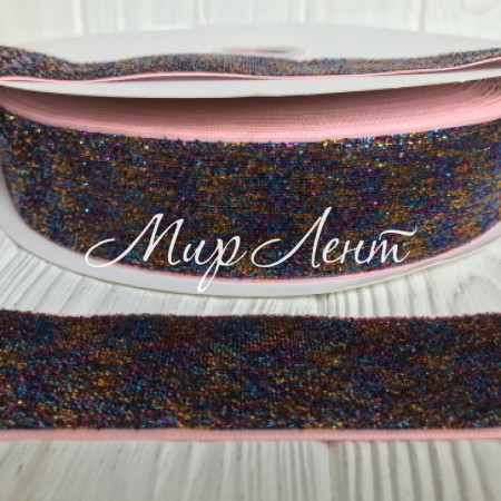 Лента велюр омбре с люрексом, 4 см, бирюзово-золотой, рулон 27 м