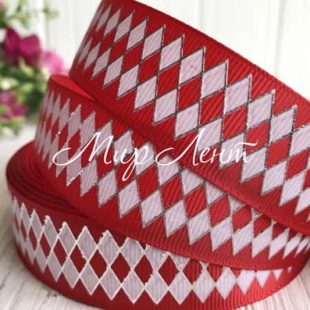 Репс з ромбами, 2,5 см, червоний, рулон 23 м