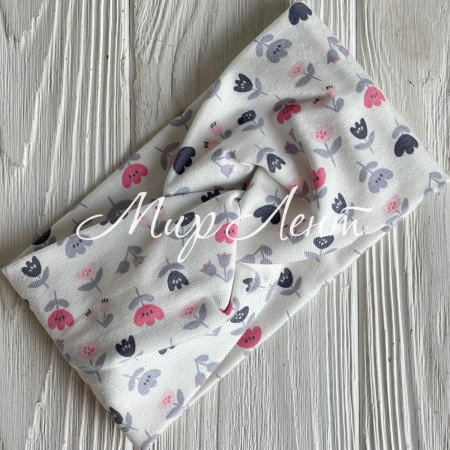 Повязка турецкий трикотаж (малютка), 17х9 см, белая с серо-коралловыми цветочками, шт. 