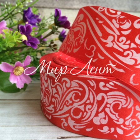 Атлас 4 см орнамент, красный, рулон 45 м