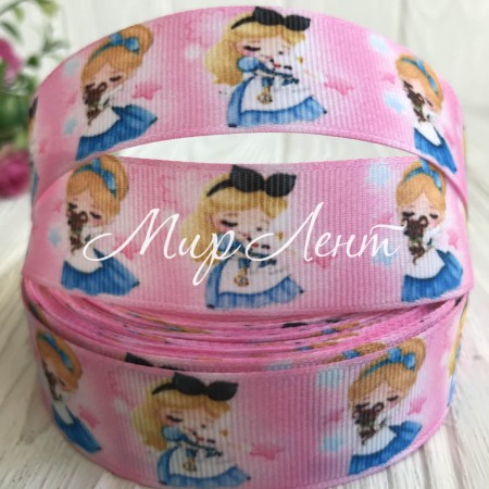 Репс 2,5 см, лялечка в блакитній сукні на рожевому, рулон 23 м