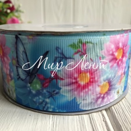 Репс 4 см, синяя бабочка и розовые цветы на сине-голубом, рулон 23 м