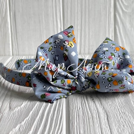 Обруч софт бант в цветочек, 2,5 см, серый с хлопком, шт.