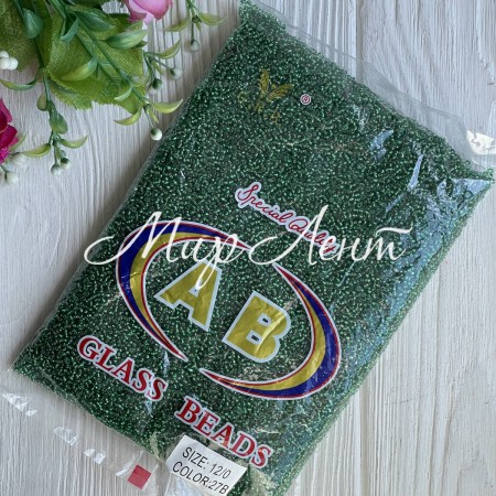 Бисер прозрачный с серебряной серединкой, размер 12/0, темно-зеленый (27В), упаковка 400 г