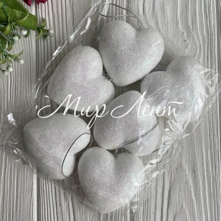 Сердечко-подвеска в глиттере, 6 см, белое, упаковка 6 шт.