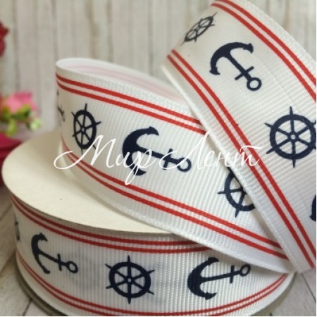 Репс 2,5 см, якорь и штурвал, белый, рулон 23 м