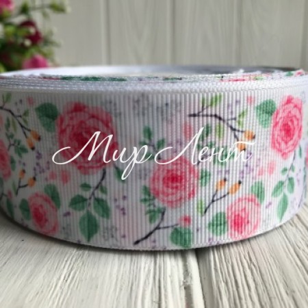 Репс 4 см, розовые розочки с веточками на белом, рулон 23 м