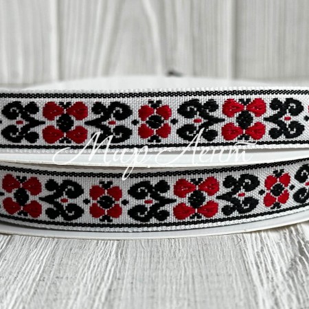 Лента с вышивкой (D19811), 1,5 см, бело-красно-черная, рулон 23 м