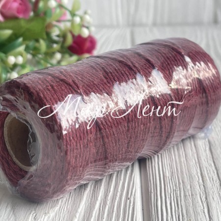 Бавовняний шнур, 2 мм, бордовий, рулон 100 м