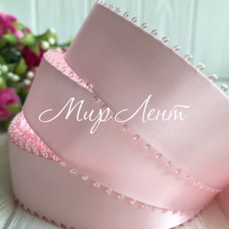 Атлас двухсторонний с петельками 2,5 см, светло-розовый, рулон 20 ярдов