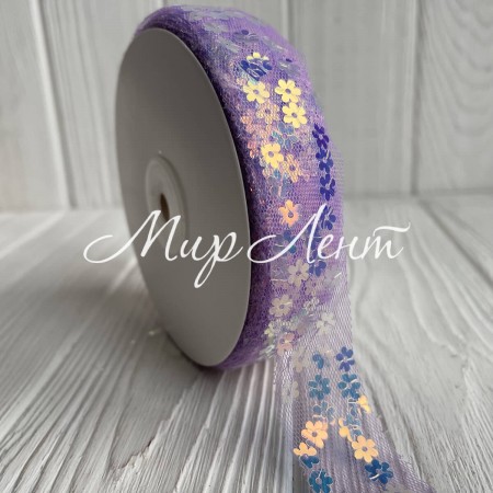 Лента из фатина з паетками, 2,5 см, лавандовый, рулон 23 м