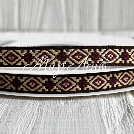 Лента с вышивкой (D19808), 1 см, черно-бежевая, рулон 23 м