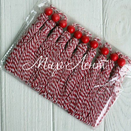 Кисточка декоративная с хлопка (D30196), 22 см, красно-белая, упаковка 10 шт.