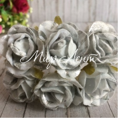 Роза тканевая с блеском, 2,5 см, белый с серебром, упаковка 48 шт.