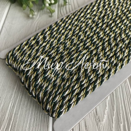 Шнур декоративный, 3 мм, зелено-бело-золотой, рулон 50 м