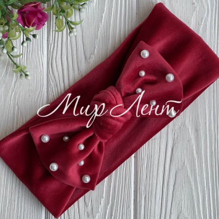Повязка спорт велюр бант с жемчугом, 9,5 см, малиново-красный, шт.