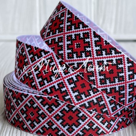 Репс 2,5 см, орнамент ромб, на червоному, рулон 23 м