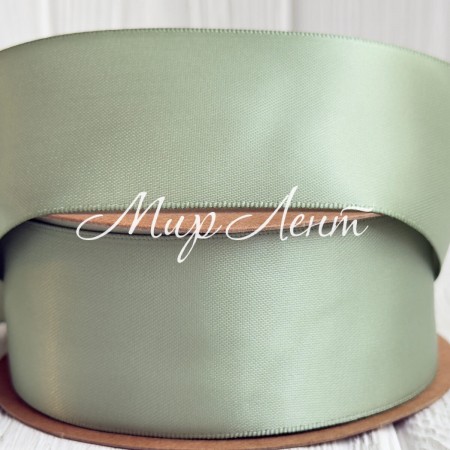 Атлас двосторонній (преміум), 3,8 см, ніжно-оливковий, рулон 23 м