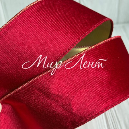 Лента бархатная с проволокой, 6,3 см, красная, рулон 9 м