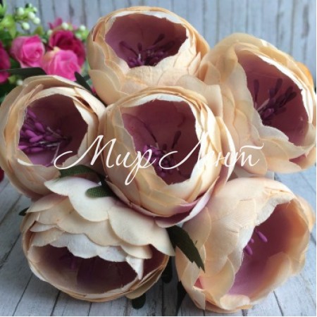 Півонії тканинні на гілочці, 4 см, кавово-фіалкові, упаковка 30 шт.