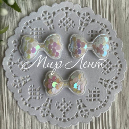 Аппликация бантик с паетками, 4х2,4 см, белый перламутр, упаковка 20 шт.