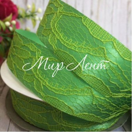 Атлас 2,5 см, кружево, ярко-зеленый, рулон 17,5 м