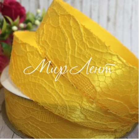 Атлас 2,5 см, кружево, темно-желтый, рулон 17,5 м