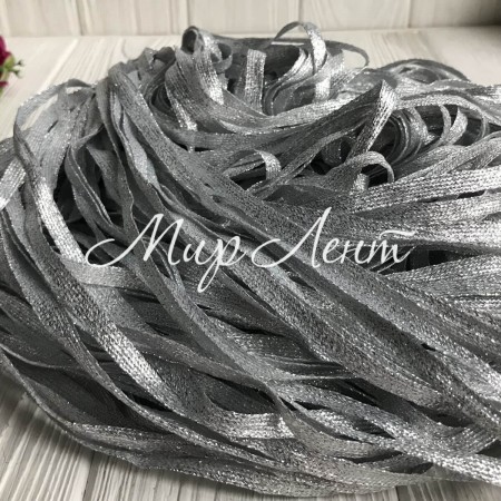 Тасьма парчева з мішковиною плоска, 6 мм, срібло, моток 90 м