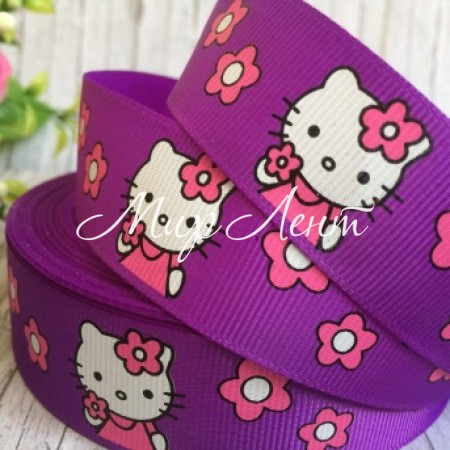 Репс 2,5 см, Китти с цветочками, темно-фиолетовый, рулон 23 м