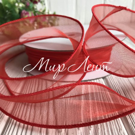 Органза з дротяним кантом, 3 см, червоний, рулон 23 м