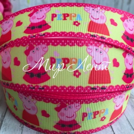 Репс 2,5 см, свинка Пеппа, лимонный с малиновым кружевным краем, рулон 23 м