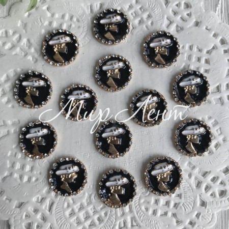 Серединка метал кругла з дівчиною в капелюсі, 17 мм, чорний, упаковка 10 шт.