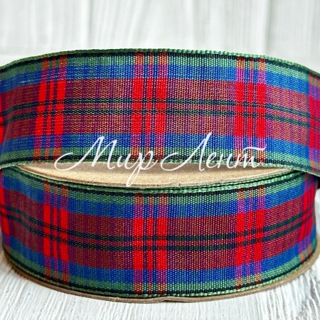 Лента шотландка, 2,5 см, зелено-сине-красно-черная, рулон 18,5 м