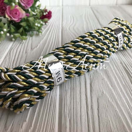Шнур декоративный, 5 мм, зелено-бело-золотой, рулон 9 м
