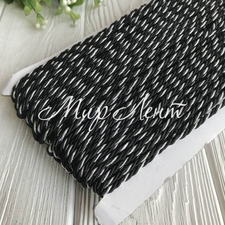 Шнур декоративный, 3 мм, черный с серебром, рулон 50 м