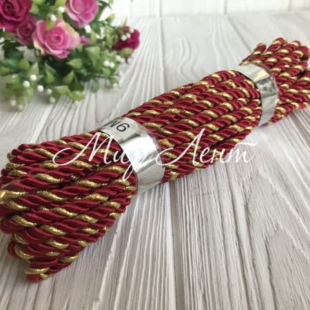 Шнур декоративний, 5 мм, бордовий з золотом, рулон 9 м