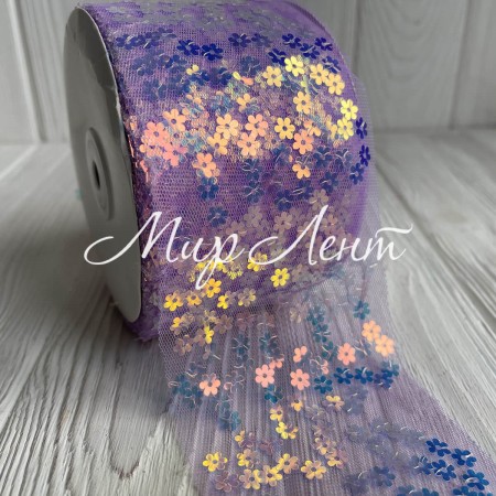 Стрічка із фатину з паєтками, 7,5 см, лавандовий, рулон 23 м