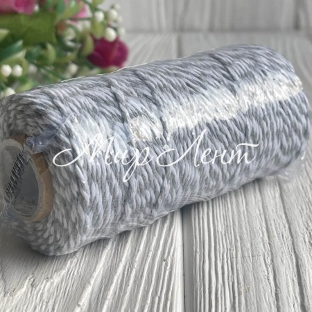 Хлопковый шнур, 2 мм, бело-серый, рулон 100 м