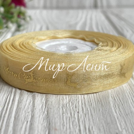 Органза 1,2 см, Merry Christmas с оленем, молочный, рулон 23 м