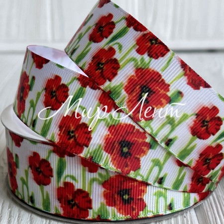 Репс 2,5 см, маки, рулон 23 м