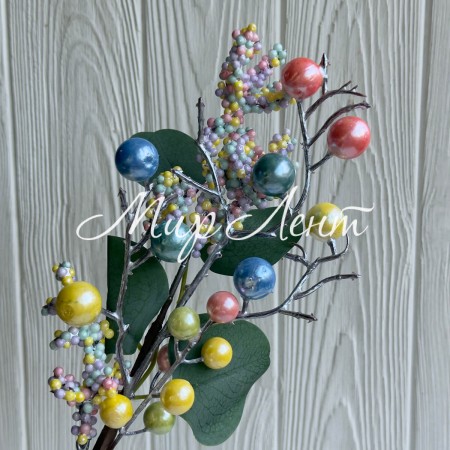 Ветка с ягодками (С30593), 38 см, зеленая с разноцветными ягодками, шт.