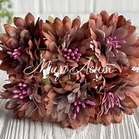 Хризантема тканевая с фатином, 4 см, коричневая, упаковка 48 шт.