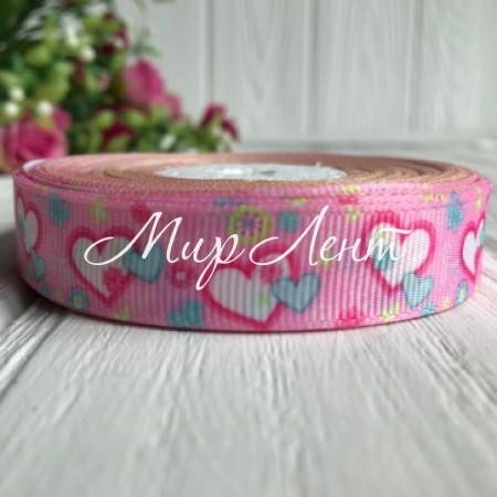 Репс 1,5 см, малиновые сердечки на розовом, рулон 23 м