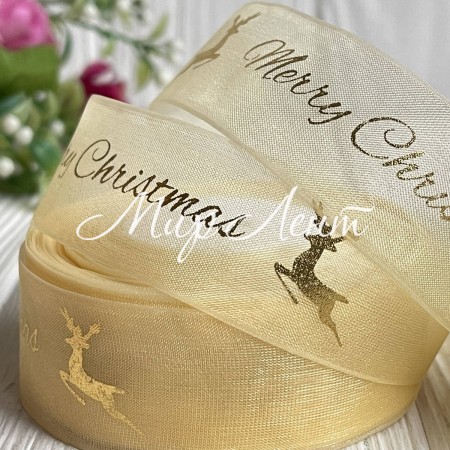 Органза 2,5 см, Merry Christmas с оленем, молочный, рулон 23 м