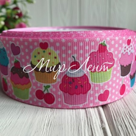 Репс 4 см, кекси на рожевому, рулон 23 м