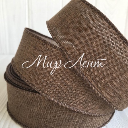 Котонова стрічка з проволочним кантом, 3,8 см, шоколадна, рулон 23 м