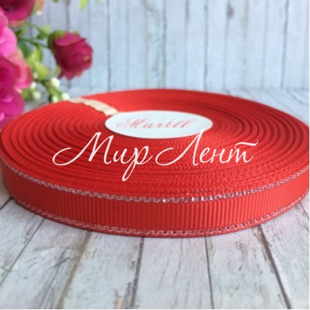 Репс 0,9 см люрекс (серебро), красный, рулон 23 м