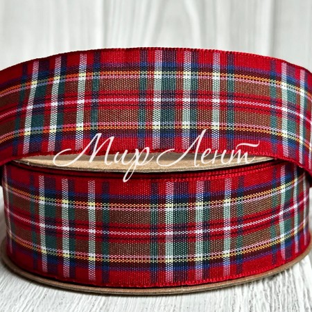 Лента шотландка, 2,5 см, красно-сине-желто-зеленая, рулон 18,5 м